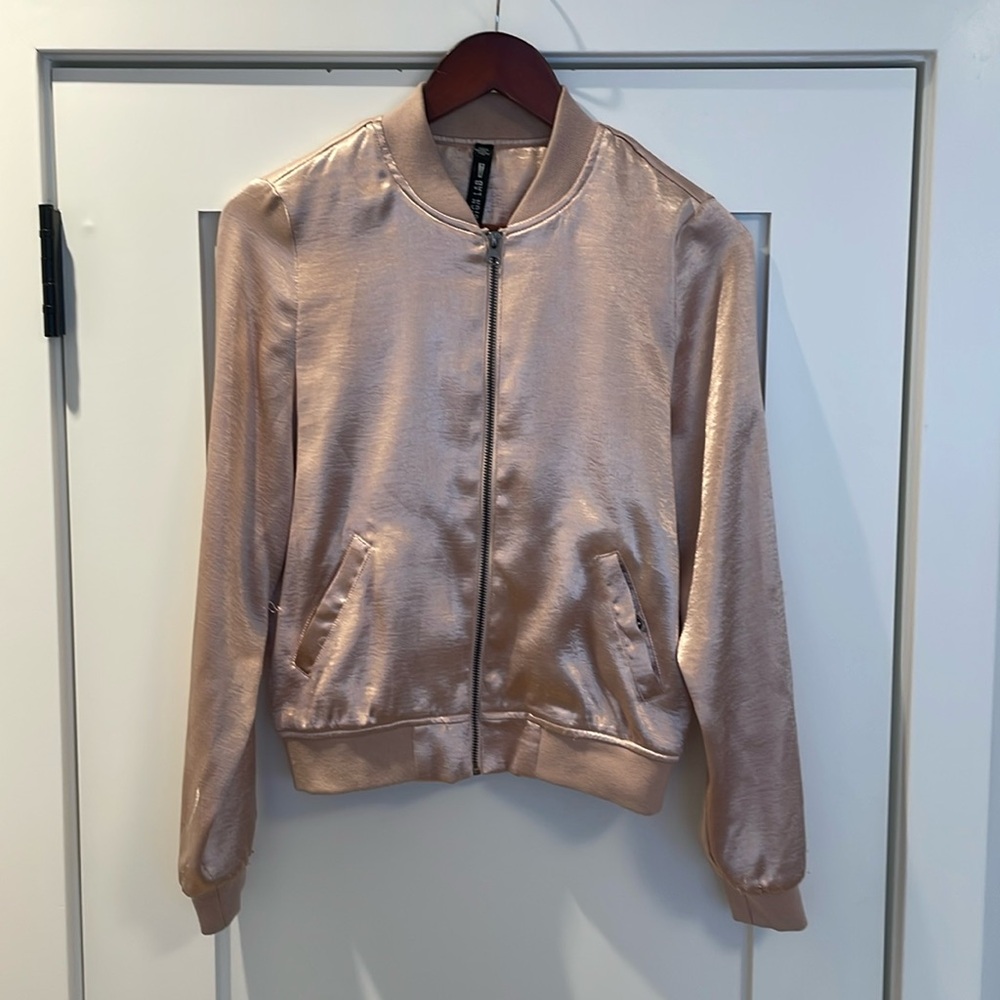 Blush Pink Satin Bomber Jacket, Small, Design Lab